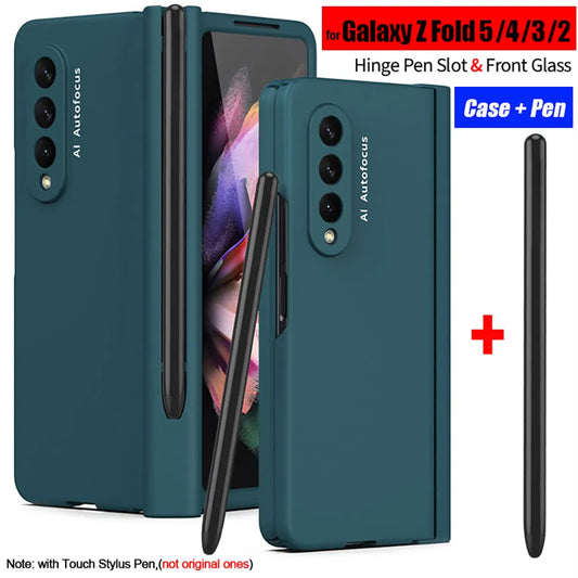 with Touch Pen For Samsung Galaxy Z Fold 5 4 3 2 5G Case Hinge Pen Slot Front Screen Glass Protect Capa Z Fold 2 3 4 5 Cover